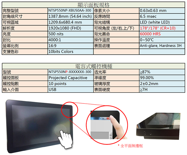 Nextech P系列 55吋 電容式多點觸控螢幕