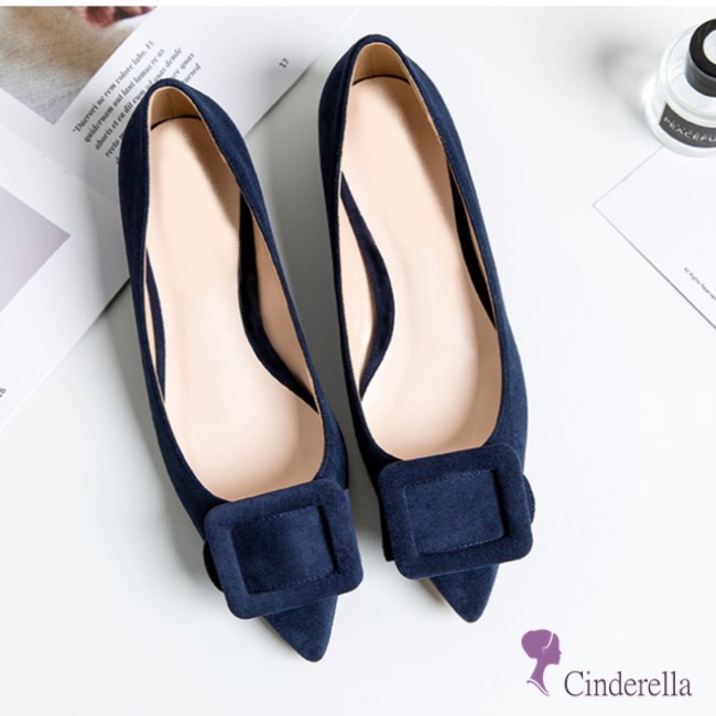 Cinderella Fashions 時尚品味方釦飾磨毛平底鞋- 深藍色