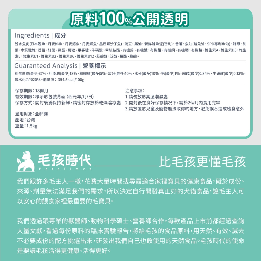 原料100%公開透明Ingredients | 成分脫水魚肉(日本鰹魚丹麥鯡魚丹麥鱈魚、丹麥鰈魚、墨西哥沙丁魚)、豌豆、雞油、新鮮魚泥(智利)、番薯、魚油(魚油、SPD專利魚油)、酵母、甜菜、木質纖維、苜蓿、絲蘭、鱉蛋、菊糖、果寡糖、牛磺酸、甲硫胺酸、有機鋅、有機鐵、有機、有機銅、有機硒、有機、維生素A、維生素D3、維生素E、維生素B1、維生素B2、維生素B6、維生素B12、菸鹼酸、泛酸、葉酸、膽鹼Guaranteed Analysis | 營養標示粗蛋白質(最少)37%、粗脂肪(最少)18%、粗纖維(最多)5%、灰分(最多)10%、水分(最多)10%、鈣(最少)1%、總磷(最少)0.84%、牛磺酸(最少)0.13%、碳水化合物20%。能量值354.5kcal/100g保存期限:18個月有效期限:標示於背面(西元年/月/日)注意事項:1.請勿放於高溫潮濕處保存方式:開封後保持新鮮,請密封存放於乾燥處 2.開封後在良好保存情况下,請於2個月食用完畢適用對象:全齡貓產地:台灣重量:1.5kg3.請放置於兒童及寵物無法取得的地方,避免誤吞造成食意外毛孩時代Pets Times比毛孩更懂毛孩我們跟許多毛主人一樣,花費大量時間搜尋最適合家裡寶貝的健康食品,礙於成份、來源、劑量無法滿足我們的需求,所以決定自行開發真正好的犬貓食品,讓毛主人可以安心的餵食家裡最重要的毛寶貝。我們透過跟專業的獸醫師、動物科學碩士、營養師合作,每款產品上市前都經過查詢大量文獻,看過每份原料的臨床實驗報告,將給毛孩的食品原料,用天然、有效、減去不必要成份的配方挑選出來,研發出我們自己也敢使用的天然食品。毛孩時代的使命是要讓毛孩活得更健康、活得更好。