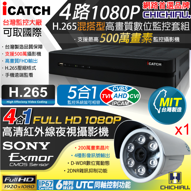 奇巧H.265 4路5MP iCATCH監控主機+SONY 1080P鏡頭*1