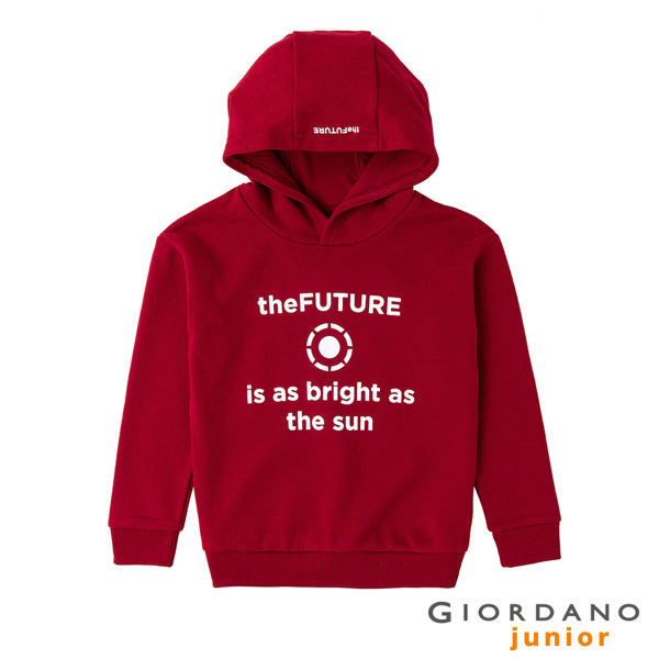 GIORDANO 童裝theFUTURE圖案印花輕刷毛長袖連帽TEE-02 標誌紅