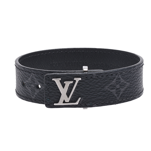 LV M6456E Slim Monogram Eclipse帆布銀色字母鉤釦手環-石墨色