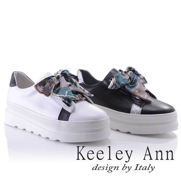 Keeley Ann 甜心假期~渡假風綁帶閃耀設計全真皮厚底休閒鞋(白色-Ann)