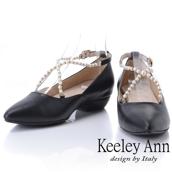 Keeley Ann 氣質甜美～華麗珠寶交叉全真皮平低跟鞋(黑色)