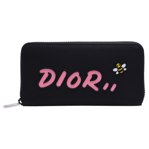 Dior 限量KAWS聯名款粉色LOGO蜜蜂圖案尼龍拉鍊長夾(黑)