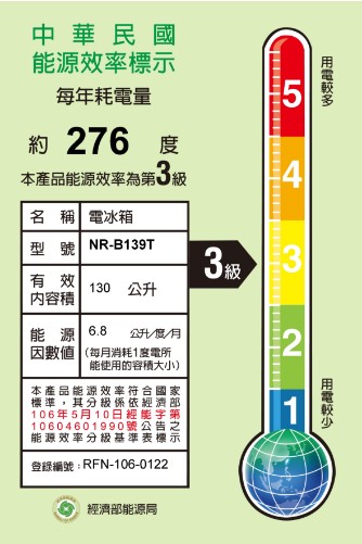 Panasonic國際牌 130L 3級定頻2門電冰箱 NR-B139T-R