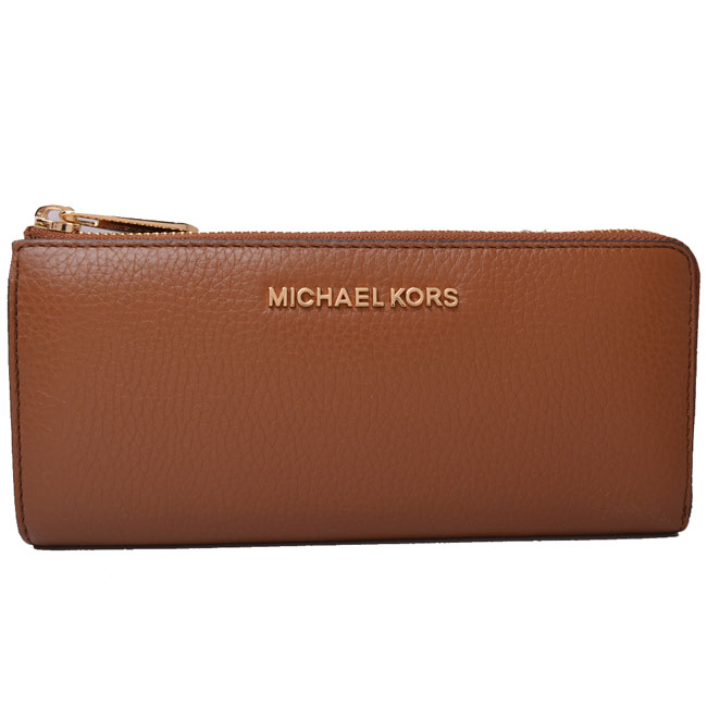 MICHAEL KORS 金字LOGO荔枝皮革金字L型拉鍊長夾-咖啡