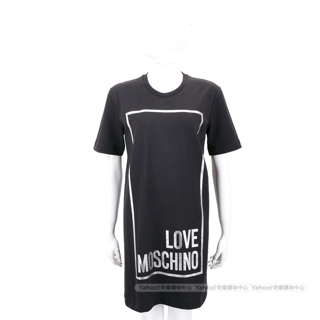 LOVE MOSCHINO 燙銀方框字母黑色棉質短袖洋裝