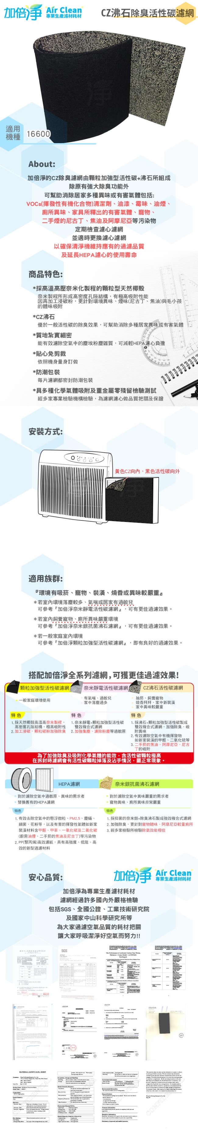 加倍淨 CZ沸石除臭活性碳濾網 適用16600 honeywell空氣清靜機 (10入)