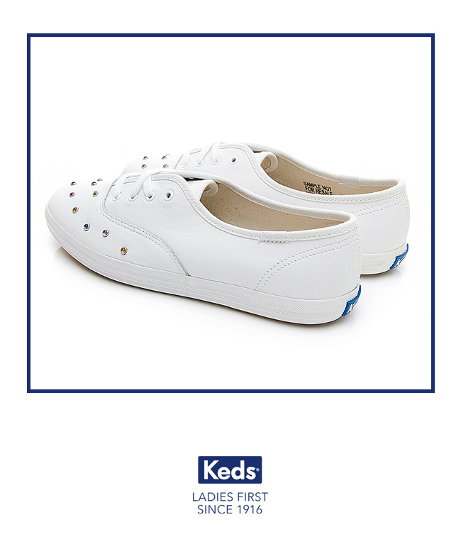 Keds CHAMPION 彩色水鑽皮革綁帶休閒鞋-白