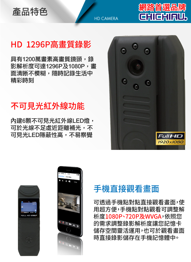 【CHICHIAU】HD 1296P 廣角140度執法隨身微型密錄器(適合檢警使用)