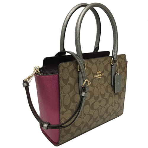 COACH 經典馬車拼色手提斜背兩用小方包醫生包(焦糖/金屬桃紅)