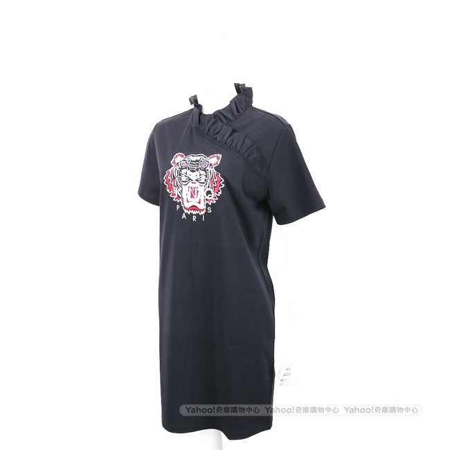 KENZO Tiger 刺繡虎頭黑色荷葉領短袖洋裝