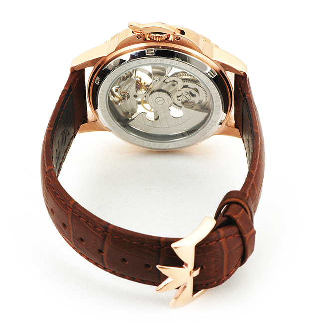 Manlike 曼莉萊克 藍寶石單橋鏤空雕花機械腕錶【玫色/咖帶/白面】
