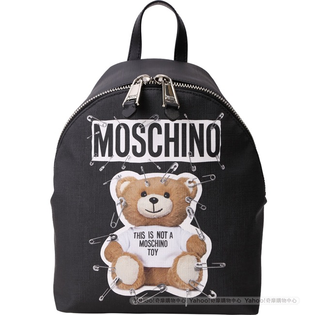 MOSCHINO 中型 別針泰迪熊印花後背包(黑色)