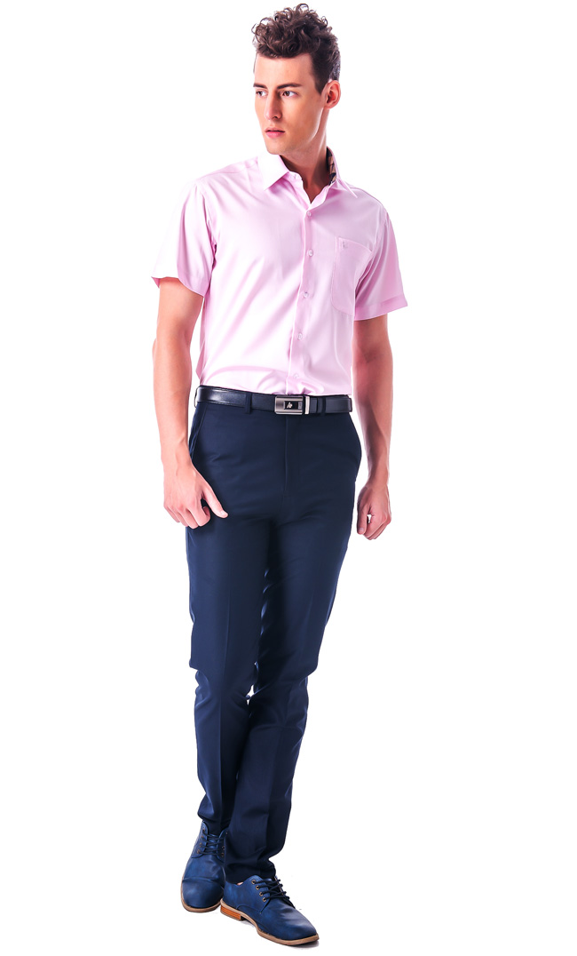金‧安德森 經典格紋繞領粉色窄版短袖襯衫