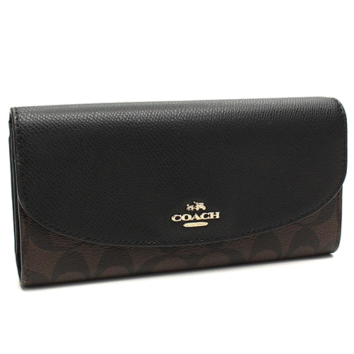 COACH 馬車LOGO皮革拼接扣式長夾 黑棕色