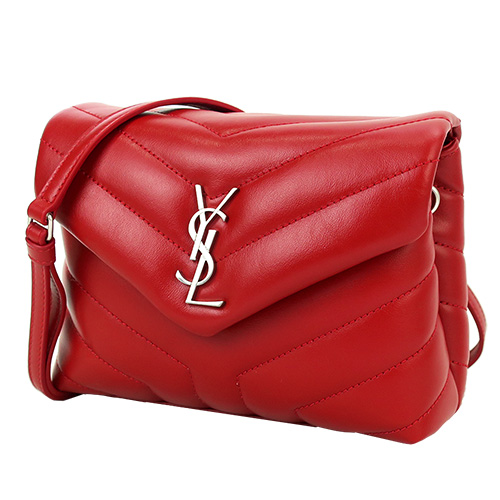 YSL Saint Laurent 銀LOGO牛皮Y字縫線翻小斜背包(紅)