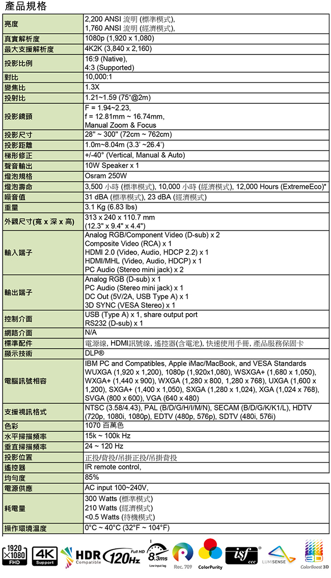 acer G550 Full HD 投影機(2200流明)