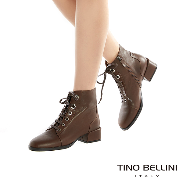 Tino Bellini真皮小方頭綁帶中跟短靴_咖