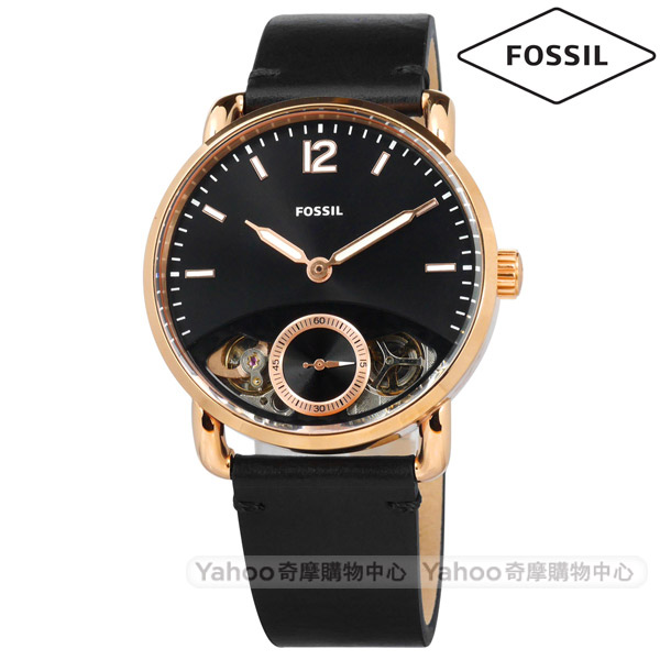 FOSSIL Commuter 機械錶自動上鍊鏤空真皮手錶-黑x玫瑰金框/42mm