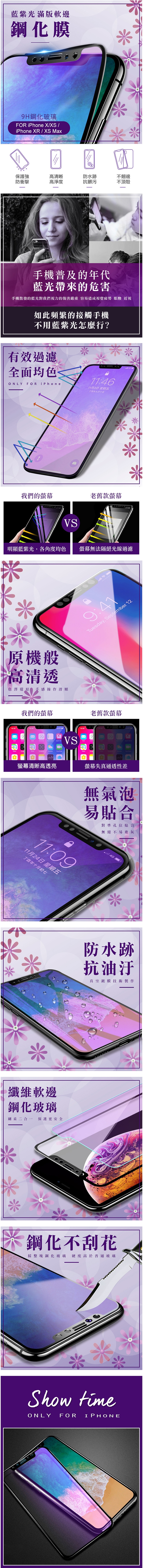 iPhone X/XS 軟邊 滿版 藍紫光 9H 鋼化玻璃膜 保護貼