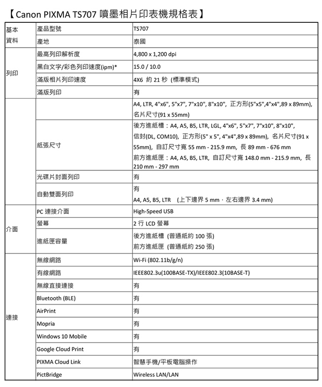 Canon PIXMA TS707 噴墨相片印表機