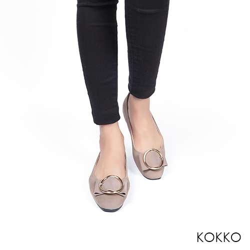 KOKKO -微涼空氣全真皮圓扣平底鞋-紳士灰