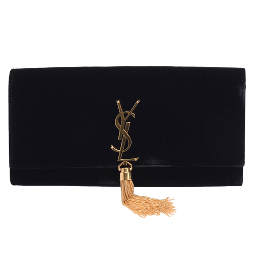 YSL 經典品牌金色LOGO絨面牛皮磁釦手拿包(黑)