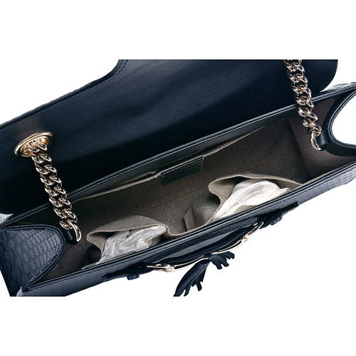 GUCCI 經典Signature系列牛皮壓紋馬銜流蘇造型暗釦手提/肩背包(深藍色)