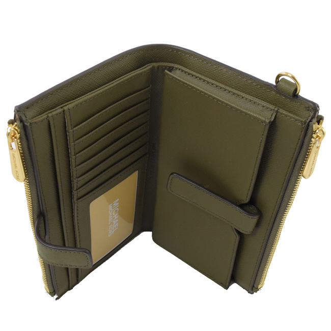 MICHAEL KORS Jet Set 防刮牛皮對開式雙拉鍊手掛中夾(軍綠)