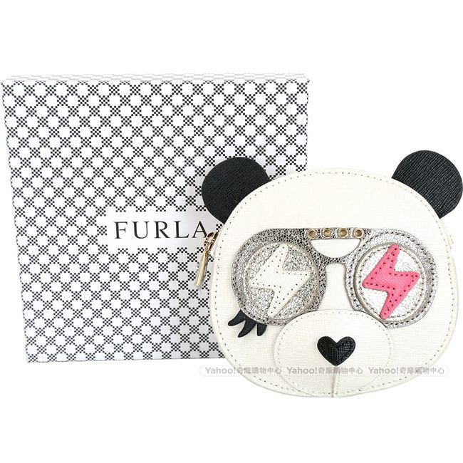 FURLA Allegra 閃電冰裂眼鏡熊牛皮零錢包(白色)