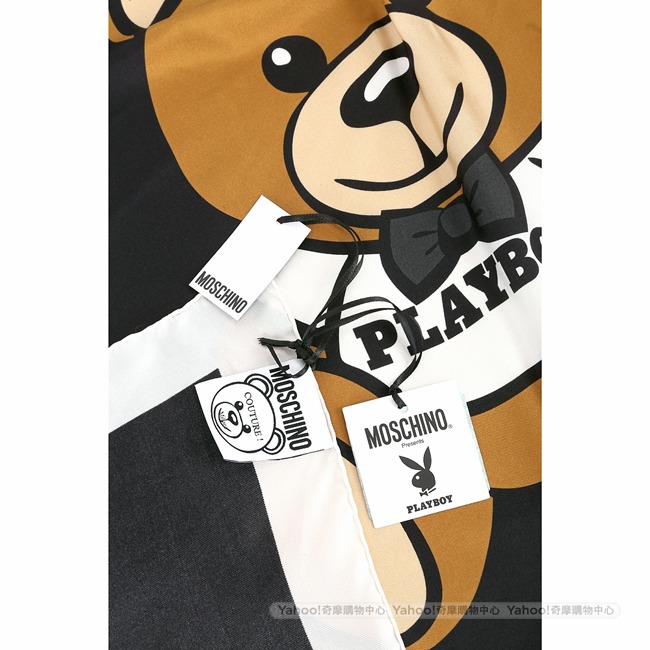 MOSCHINO Playboy 兔耳泰迪熊圖案絲質披肩(黑色)