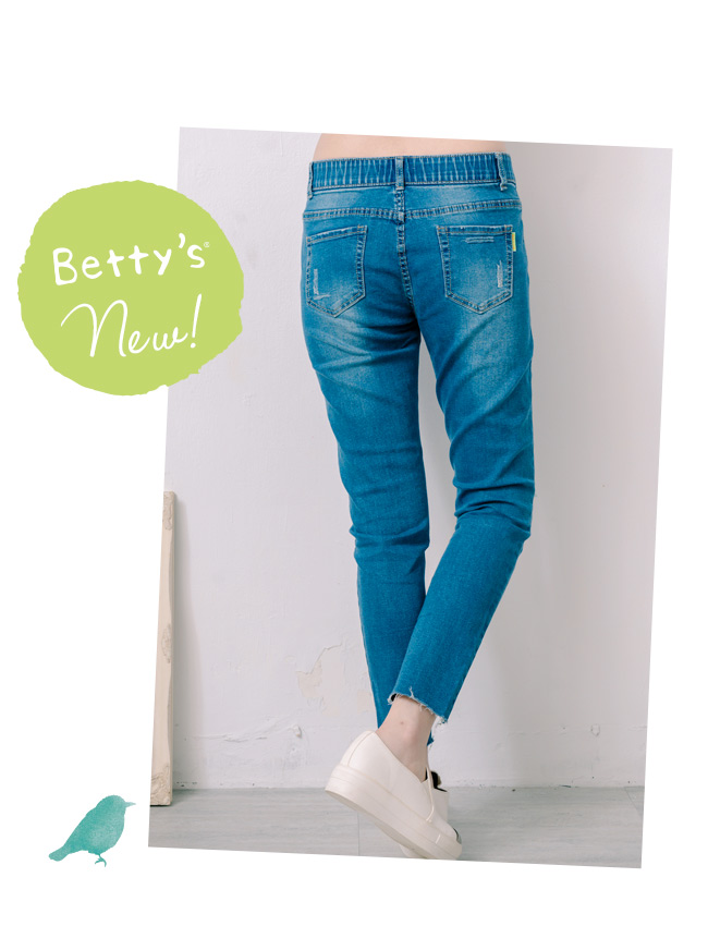 betty’s貝蒂思　褲管率性剪裁刷破牛仔褲(深藍)