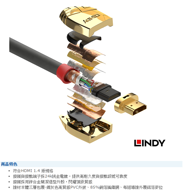 LINDY 林帝GOLD系列 HDMI1.4 A 公 to 公 傳輸線 20M 37868