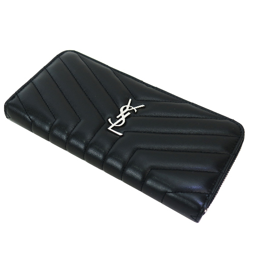 YSL MONOGRAM系列 Y車線羊皮銀釦拉鍊長夾(黑)