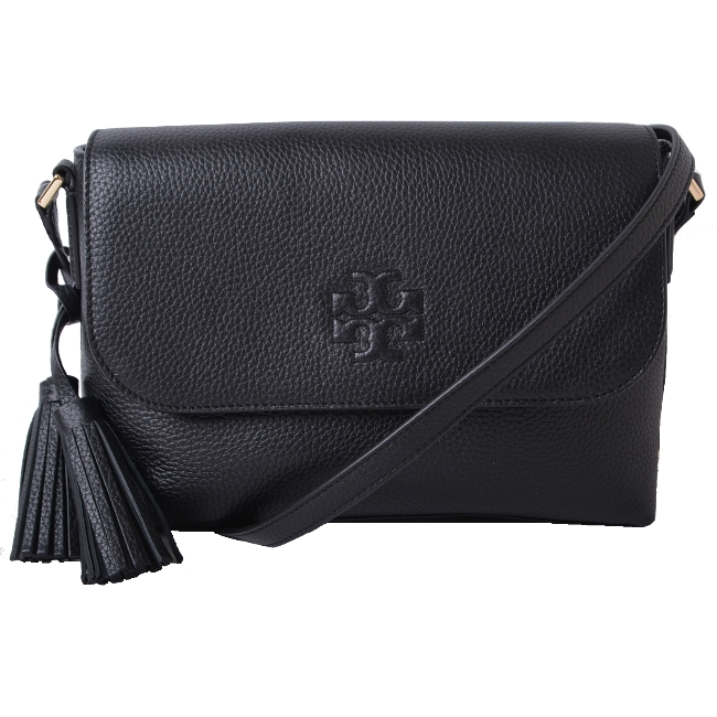 TORY BURCH THEA 流蘇裝飾荔枝紋經典LOGO斜背包-經典黑