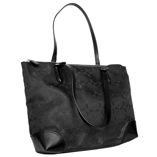 COACH黑色C Logo尼龍真皮壓底肩背托特包