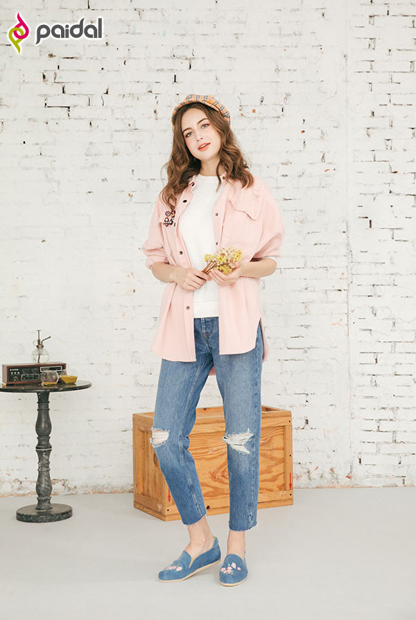 Paidal粉櫻風中花直紋絨懶人鞋樂福鞋休閒鞋