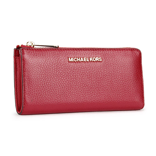 MICHAEL KORS JET SET金色LOGO素面荔枝紋皮革拉鍊長夾-紅色