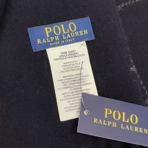 RALPH LAUREN POLO 義大利製小馬刺繡雙面配色格紋羊毛圍巾(深藍色)