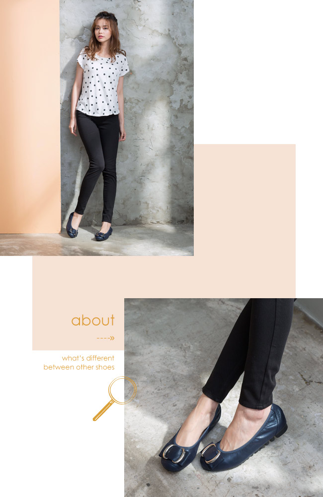 DIANA漫步雲端厚切焦糖美人款—雙C金屬釦真皮平底鞋-深藍