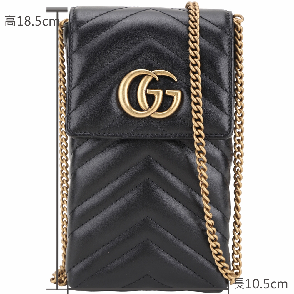 GUCCI GG Marmont 山型絎縫小牛皮可拆鍊帶斜背手機包(黑色) | 斜背包