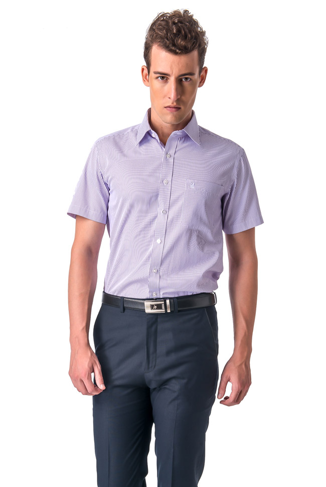 金‧安德森 紫色條紋窄版短袖襯衫