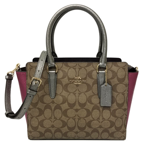 COACH 經典馬車拼色手提斜背兩用小方包醫生包(焦糖/金屬桃紅)