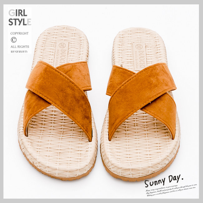 River&Moon夏日麻編交叉細絨平底涼拖鞋-棕