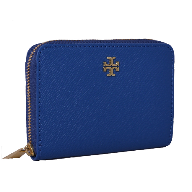 TORY BURCH EMERSON 經典LOGO防刮皮革拉鍊零錢包-貴族藍