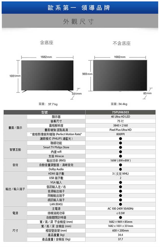 PHILIPS 75型 4K超纖薄智慧型顯示器 75PUH6303/96