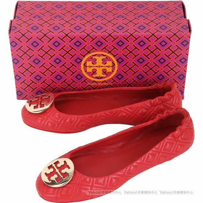 TORY BURCH Minnie Travel 金盾牌絎縫菱格折疊鞋(石榴紅)