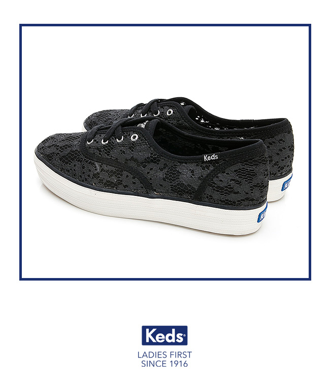 Keds TRIPLE 蕾絲緹花厚底綁帶帆布鞋-黑